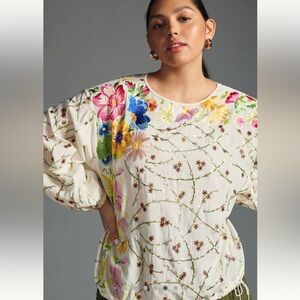 Anthropologie Tiny Lori Floral Embroidered Womens Large Long Sleeve Cotton Top
